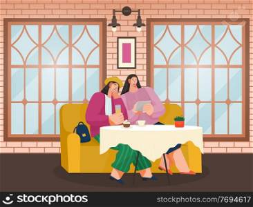 Girls friends meeting in restaurant, women eat cakes with coffee. Young woman girlfriends making video for social media, taking selfie photo on smartphone, serfing internet while sitting in cafe. Girls friends meeting in restaurant, women eat cakes with coffee, taking selfie photo on smartphone