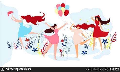 Girls Group in Different Dresses Spending Time on Lawn Flat Cartoon Vector Illustration. Women Holding Colorful Balloons, Catching Butterflies, Smelling Flower, Holding Hat. Happiness.