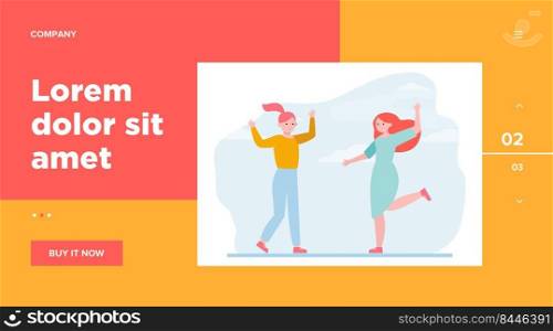 Girls having fun outdoors. Young woman, female friends celebrating and dancing flat vector illustration. Friendship, leisure, party concept for banner, website design or landing web page