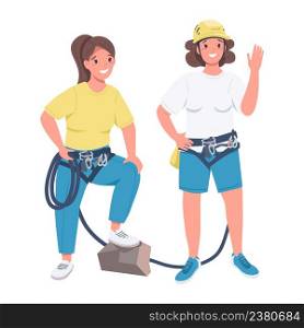 Girls hiking together semi flat color vector characters. Standing figures. Full body people on white. Active sport club simple cartoon style illustration for web graphic design and animation. Girls hiking together semi flat color vector characters