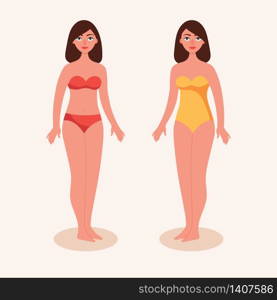 Girls in bathing suits. Woman brunette in bikini. Female figure in full growth. Two types of bathing suits. Flat vector illustration.