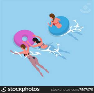 Girls in bikini swimsuit swimming in inflatable round blue circles. Vector women back view in rubber donut sunbathing, person resting at sea or ocean. Women in Bikini Swimsuit Swimming, Inflatable Ring