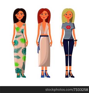 Girls in elegant stylish summer clothes set. Long dress with flower print, light skirt suit, ripped jeans and striped T-shirt vector illustrations.. Gils Dressed in Elegant Stylish Summer Clothes Set