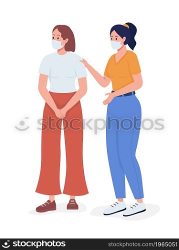 Girls in face masks semi flat color vector characters. Posing figures. Full body people on white. Covid health safety isolated modern cartoon style illustration for graphic design and animation. Girls in face masks semi flat color vector characters