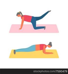 Girls in plank on mat, lifting legs, fitness training and sport exercise vector. Women in sportswear on rugs, daily workout and healthy lifestyle. Fitness Training and Sport, Girls in Plank on Mat