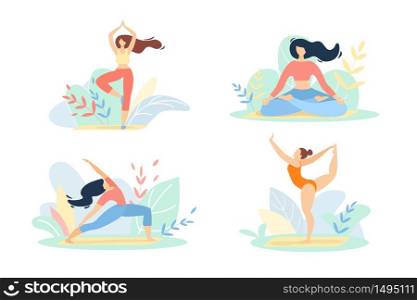 Girls in Sports Wear Engage Fitness or Yoga Set Isolated on White Background, Aerobics Outdoor, Women Healthy Sport Lifestyle, Pilates Workout, Training Open Air Cartoon Flat Vector Illustration, Icon. Girls in Sports Wear Engage Fitness or Yoga Set