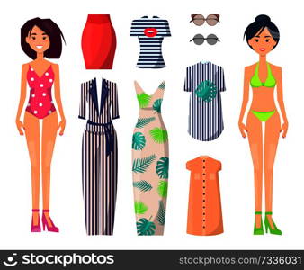 Girls in swimwear with spare stylish summer clothes set. Female characters with casual and elegant clothes. Girls in swimsuits vector illustrations.. Girls in Swimwear with Stylish Summer Clothes Set