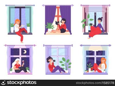 Girls in windows. Young women sitting on windowsill, thinking, reading and drinking coffee, cozy home amusement vector illustration icons set. Characters with pet, taking photo, watering plant. Girls in windows. Young women sitting on windowsill, thinking, reading and drinking coffee, cozy home amusement vector illustration icons set