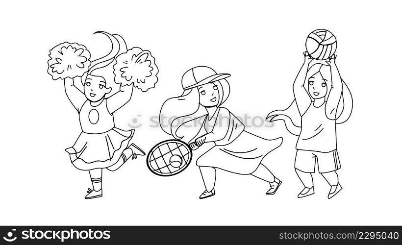 Girls Kids Playing Sport Game And Dancing Black Line Pencil Drawing Vector. Little Schoolgirls Play Tennis And Volleyball Game, Cheerleader Supporting Team And Dance. Characters Sportive Activity. Girls Kids Playing Sport Game And Dancing Vector