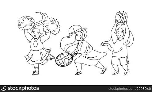 Girls Kids Playing Sport Game And Dancing Black Line Pencil Drawing Vector. Little Schoolgirls Play Tennis And Volleyball Game, Cheerleader Supporting Team And Dance. Characters Sportive Activity. Girls Kids Playing Sport Game And Dancing Vector