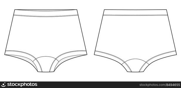 Girls knickers technical sketch illustration. Children’s underpants. Casual panties isolated template. Front and back views. Vector CAD design. Girls knickers technical sketch illustration. Children’s underpants. Casual panties isolated template