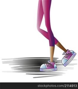 Girls legs with sport shoes, fashionable creative sneackers. Isolated vector artistic illustration.