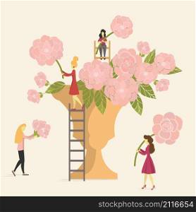 Girls making bouquets of pink roses in vase. Women arranging flowers. Vector illustration.. Women making bouquets of pink flowers in vase.