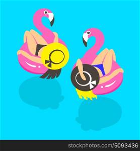 Girls on an inflatable pink flamingo in summer of swims and rests.. Girls on an inflatable pink flamingo in summer of swims and rests. Vector illustration.