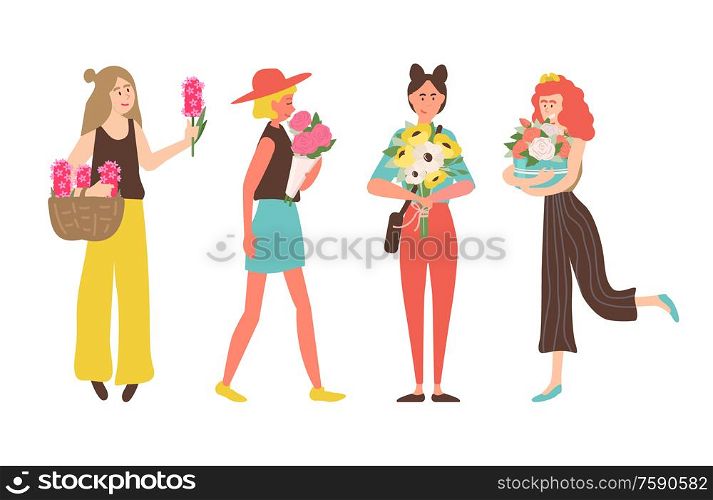 Girls on international womens day vector, woman holding bouquets given on holiday. Person wearing stylish clothes, female with daisy and roses in box. Woman with Roses in Box, Bouquet in Wrapping Set