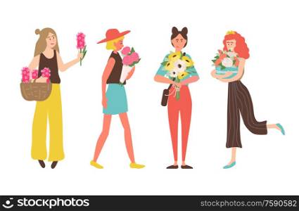Girls on international womens day vector, woman holding bouquets given on holiday. Person wearing stylish clothes, female with daisy and roses in box. Woman with Roses in Box, Bouquet in Wrapping Set