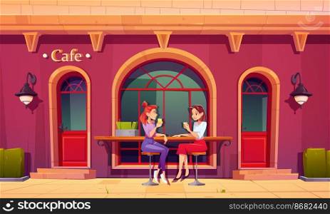 Girls on outdoor cafe terrace. Women drink tea and talking sit on high stools at wooden counter bar. Visitors relax in retro style coffee shop patio with table and chairs. Cartoon vector illustration. Girls on outdoor cafe terrace. Women drink tea