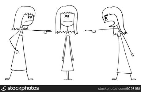 Girls or women accusing or blaming another woman, vector cartoon stick figure or character illustration.. Women Accusing or Blaming Another Girl , Vector Cartoon Stick Figure Illustration