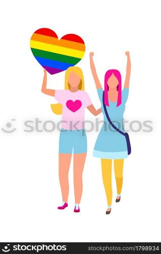 Girls participating in gay rights movement semi flat color vector characters. Full body people on white. Pride parade isolated modern cartoon style illustration for graphic design and animation. Girls participating in gay rights movement semi flat color vector characters