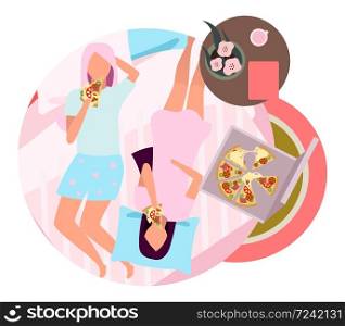 Girls party flat concept icon. Pizza delivery service sticker, clipart. Girlfriends in pajamas in bed eating fast food. Friends pastime, leisure. Isolated cartoon illustration on white background