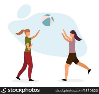 Girls playing ball game flat vector illustration. Female friends, sisters enjoy outdoor activities isolated cartoon characters on white background. Hikers, campers, beach volleyball fans leisure time