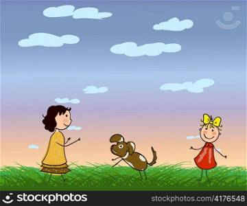 girls playing with dog vector background