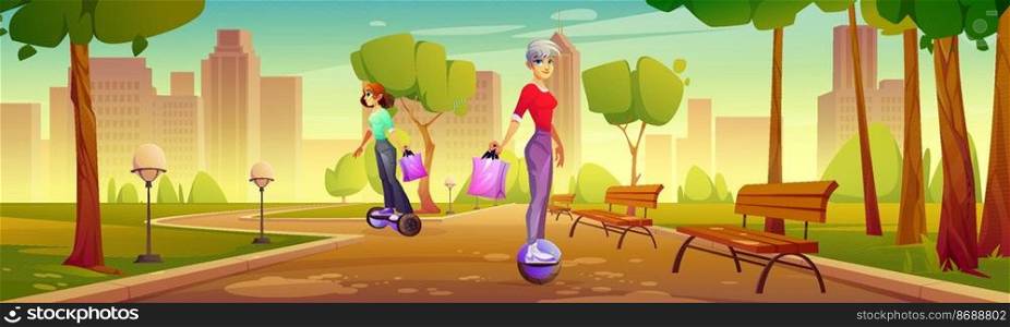 Girls ride on electric hoverboard and mono wheel in city park. Vector cartoon illustration of summer landscape of public garden with trees, benches and women driving on personal electrical transport. Girls ride on electric hoverboard and mono wheel