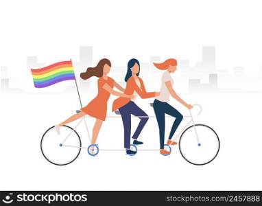 Girls riding three seat tandem bike with rainbow flag. Female LGBT activists. Homosexuality concept. Vector illustration can be used for topics like LGBTQ pride, gay, community. Girls riding three seat tandem bike