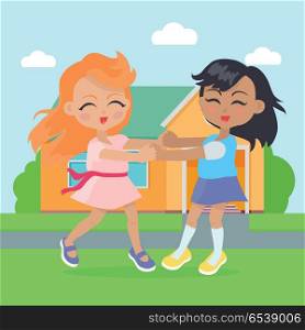 Girls Singing, Dancing in Ring near Cottage House.. Girls singing and dancing in ring near cottage house. Adorable little girls have leisure time. School girls during break. Young ladies at playing playground in flat style. Daily activity. Vector