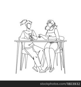 Girls Sitting At Table And Talking Together Black Line Pencil Drawing Vector. Young Women Drink Water And Talking, Gossip Or Business Meeting. Characters Ladies Friendship Or Partnership Illustration. Girls Sitting At Table And Talking Together Vector