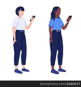 Girls spending time on phone semi flat color vector characters set. Full body people on white. Phubbing behavior isolated modern cartoon style illustrations collection for graphic design and animation. Girls spending time on phone semi flat color vector characters set