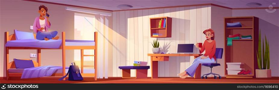Girls students in dormitory room with bunk, laptop on desk, wardrobe and bookshelf. Vector cartoon interior of dorm bedroom or hostel apartment with young women living together. Girls students in dormitory room with bunk
