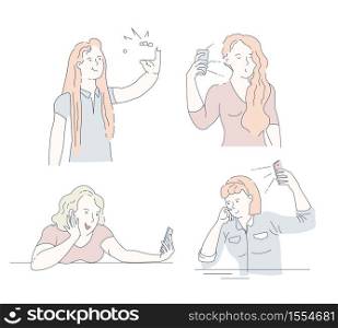 Girls taking selfie on smartphone photo and frontal camera with flashlight vector isolated female characters photography women modern technology photoshot smiling and posing portraits on cellphone.. Selfie girls taking photo on smartphone frontal camera