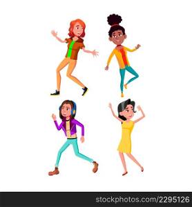 Girls Teenagers Dancing On Dance Floor Set Vector. Ladies Teens With Positive Emotion Listening Energy Music And Active Dancing. Characters Dancers Activity Funny Time Flat Cartoon Illustrations. Girls Teenagers Dancing On Dance Floor Set Vector