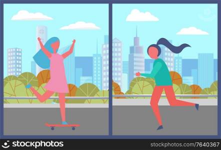 Girls walking in city park. Woman on skateboard skating in pink dress. Person running through the street. Beautiful landscape on background with skyscrapers. Vector illustration in flat style. Girls in Urban Park Skateboarding and Running