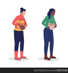 Girls with baskets in fall semi flat color vector characters set. Posing figures. Full body people on white. Fall isolated modern cartoon style illustration for graphic design and animation pack. Girls with baskets in fall semi flat color vector characters set