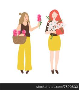 Girls with bouquets of flowers vector, isolated people looking at pink hyacinth and white daisy. Floral composition gathered in woven brown basket. Woman Admiring Beauty of Hyacinth Pink Flower