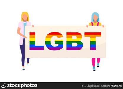 Girls with lgbt placard semi flat color vector characters. Full body people on white. Pride march. Organized public protest isolated modern cartoon style illustration for graphic design and animation. Girls with lgbt placard semi flat color vector characters