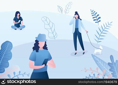 Girls with smartphones,female characters in different positions,park or nature landscape,trendy style vector illustration