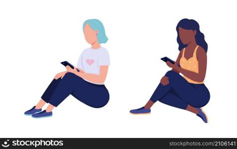 Girls with smartphones semi flat color vector characters set. Full body people on white. Spend time with phone isolated modern cartoon style illustrations collection for graphic design and animation. Girls with smartphones semi flat color vector characters set