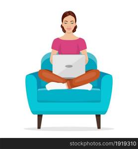 Girls working at home. Young woman sitting on a chair and using laptop. Freelance, self employed, freedom, in living room. Vector illustration in flat style. Girls working at home.