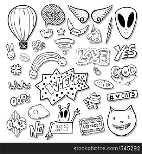 Girly elements with alien, speech bubbles, cassette. Line icon vector set. Cartoon black and white sticker. Girly elements with alien, speech bubbles, cassette. Line icon vector set. Cartoon black and white stickers