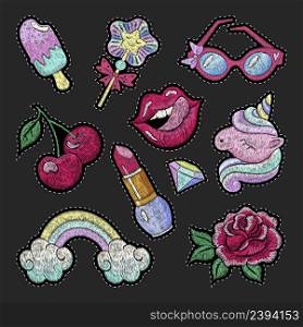 Girly patches. Fashion 80s patch, pretty unicorn, sexy lips and rose. Teens stylish stickers, cute summer embroidery templates for clothes, nowaday vector set. Illustration of girly patch 90s. Girly patches. Fashion 80s patch, pretty unicorn, sexy lips and rose. Teens stylish stickers, cute summer embroidery templates for clothes, nowaday vector set