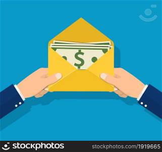 Give a salary. Wages in the envelope. Payout. Businessman holding in hand an envelope with money. Transfer money. Vector illustration in flat style. Give a salary. Wages in the envelope.