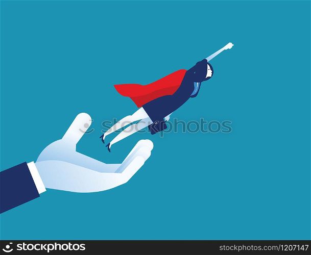 Give freedom. Businesswoman flying out of hand. Concept business opportunity vector illustration.