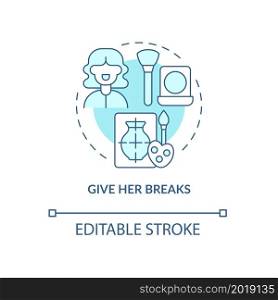 Give her breaks blue concept icon. Partner support during pregnancy abstract idea thin line illustration. Postpartum care about mental health. Vector isolated outline color drawing. Editable stroke. Give her breaks blue concept icon