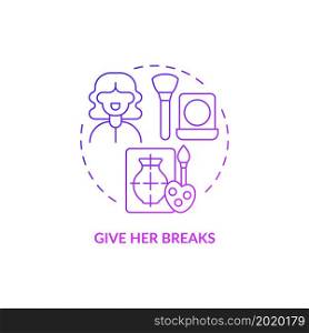 Give her breaks purple gradient concept icon. Support during pregnancy abstract idea thin line illustration. Physical and emotional recovery after childbirth. Vector isolated outline color drawing. Give her breaks purple gradient concept icon