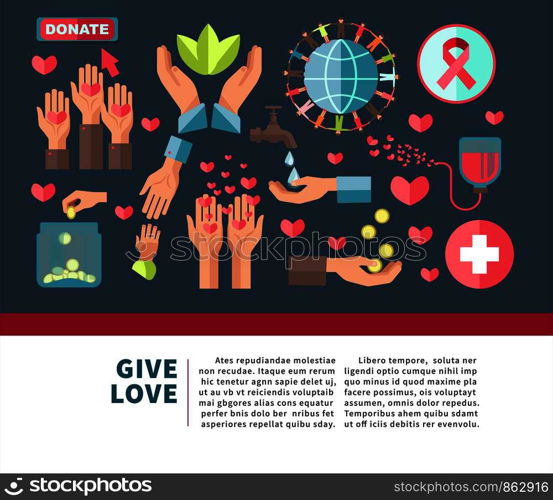 Give love agitative poster for join to charity with human palms, red hearts, gold coins, globe model, people in circle, cancer stripe, huge cross and green leaves cartoon flat vector illustrations.. Give love agitative poster for join to charity