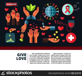 Give love agitative poster for join to charity with human palms, red hearts, gold coins, globe model, people in circle, cancer stripe, huge cross and green leaves cartoon flat vector illustrations.. Give love agitative poster for join to charity