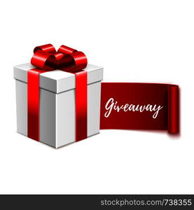 Giveaway advertisement banner design, calligraphic text message and realistic gift box, vector illustration